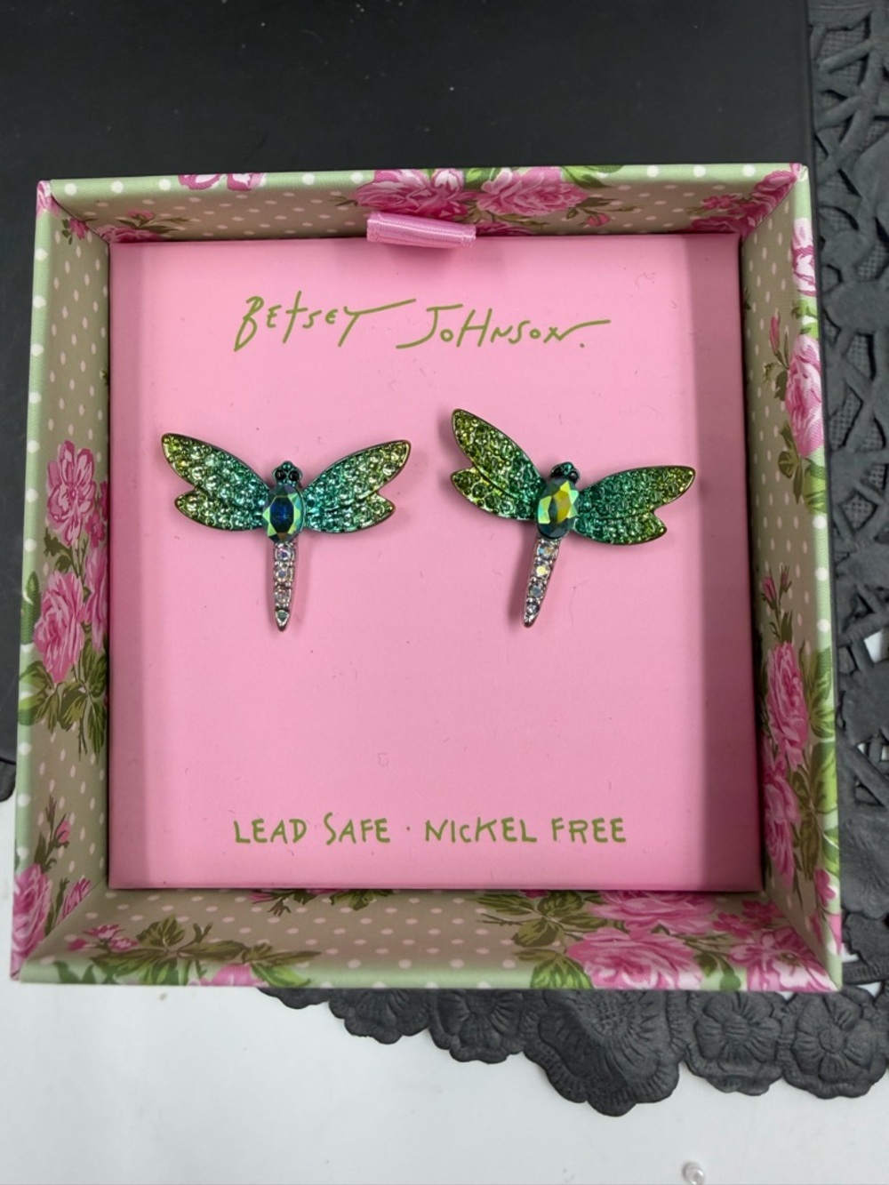 Betsey Johnson Green Teal Dragonfly Stud Earrings